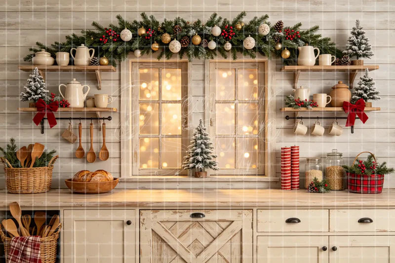 Farmhouse Christmas Window Kitchen digital decor backdrop and high-resolution holiday display background for shop windows, holiday events, restaurant decor, bar parties, Christmas photo booths, retail displays, projection, LED screens, and local printing.