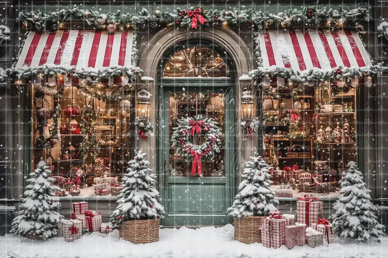 Christmas Shopfront Window Display digital decor backdrop and high-resolution retail shop window background for shop windows, holiday events, restaurant decor, bar parties, Christmas photo booths, retail displays, projection, LED screens, and local printing.