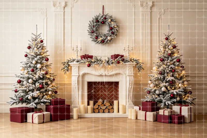 White Christmas Fireplace Room digital decor backdrop and high-resolution holiday photo booth background for shop windows, holiday events, restaurant decor, bar parties, Christmas photo booths, retail displays, projection, LED screens, and local printing.