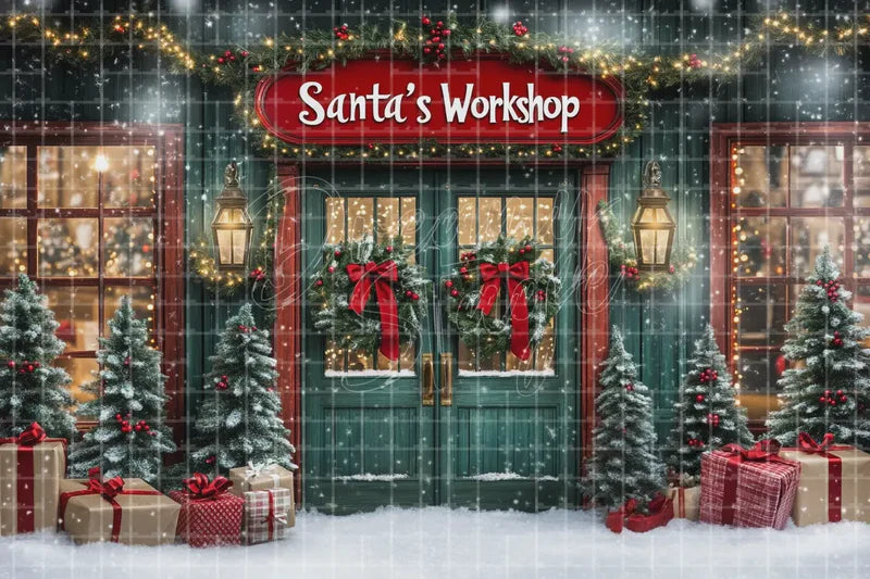 Santa Workshop Storefront digital decor backdrop and high-resolution santa workshop background for shop windows, holiday events, restaurant decor, bar parties, Christmas photo booths, retail displays, projection, LED screens, and local printing.