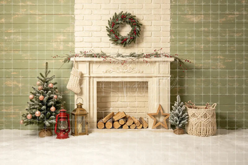 Vintage Mint Christmas Fireplace digital decor backdrop and high-resolution holiday photo booth background for shop windows, holiday events, restaurant decor, bar parties, Christmas photo booths, retail displays, projection, LED screens, and local printing.