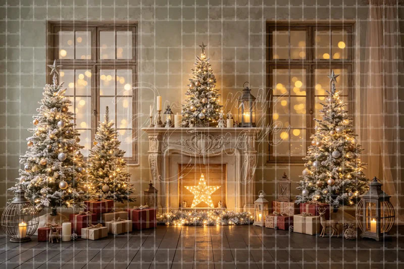 Warm Christmas Living Room Window digital decor backdrop and high-resolution cozy holiday background for shop windows, holiday events, restaurant decor, bar parties, Christmas photo booths, retail displays, projection, LED screens, and local printing.
