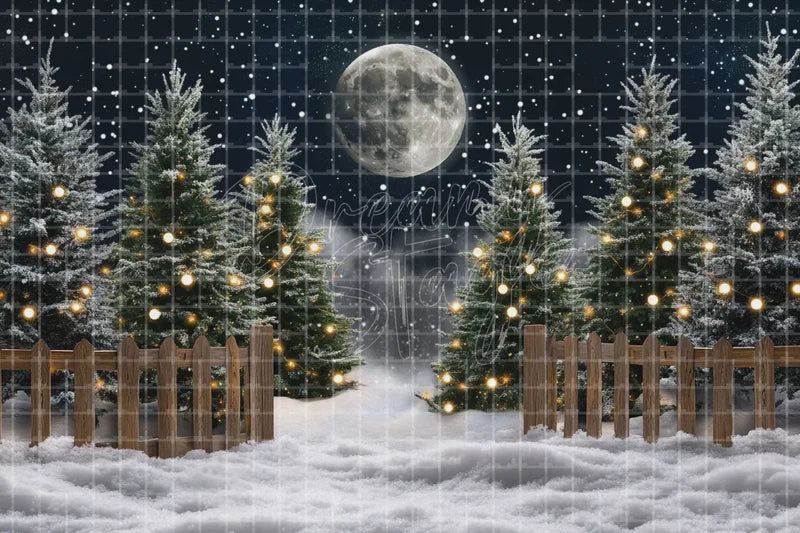 Moonlit Snowy Christmas Tree Yard digital decor backdrop and high-resolution winter garden background for shop windows, holiday events, restaurant decor, bar parties, Christmas photo booths, retail displays, projection, LED screens, and local printing.