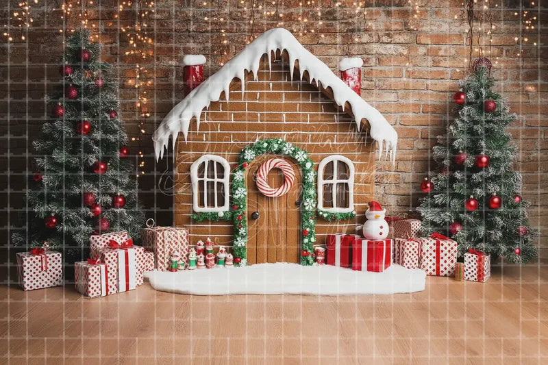 Gingerbread Cottage Christmas digital decor backdrop and high-resolution holiday candyland background for shop windows, holiday events, restaurant decor, bar parties, Christmas photo booths, retail displays, projection, LED screens, and local printing.
