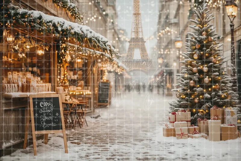 Snowy Christmas Street Cafe digital decor backdrop and high-resolution holiday street background for shop windows, holiday events, restaurant decor, bar parties, Christmas photo booths, retail displays, projection, LED screens, and local printing.