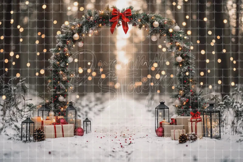 Fairy Light Winter Christmas Arch digital decor backdrop and high-resolution holiday event background for shop windows, holiday events, restaurant decor, bar parties, Christmas photo booths, retail displays, projection, LED screens, and local printing.