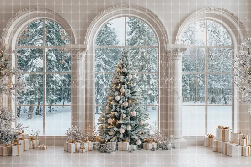 White Arched Window Christmas Room digital decor backdrop and high-resolution holiday photo booth background for shop windows, holiday events, restaurant decor, bar parties, Christmas photo booths, retail displays, projection, LED screens, and local printing.