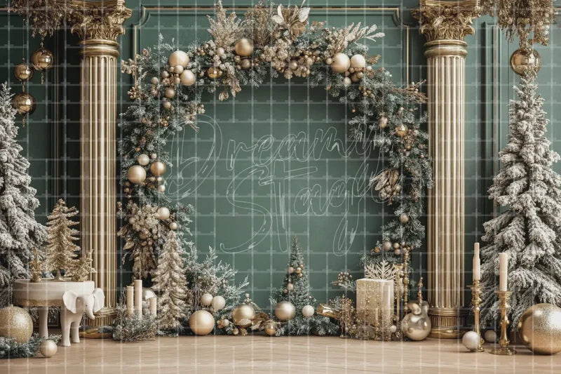 Luxury Silver Christmas Arch digital decor backdrop and high-resolution holiday event background for shop windows, holiday events, restaurant decor, bar parties, Christmas photo booths, retail displays, projection, LED screens, and local printing.