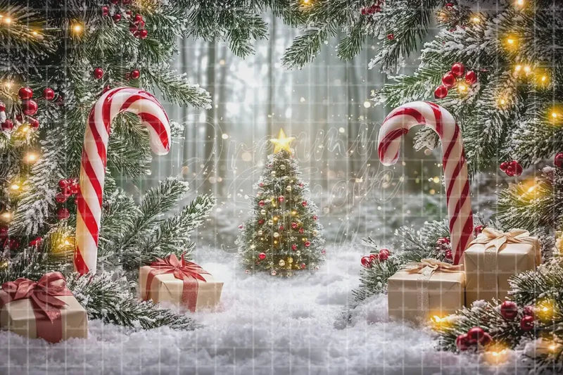 Candy Cane Winter Forest digital decor backdrop and high-resolution winter event background for shop windows, holiday events, restaurant decor, bar parties, Christmas photo booths, retail displays, projection, LED screens, and local printing.