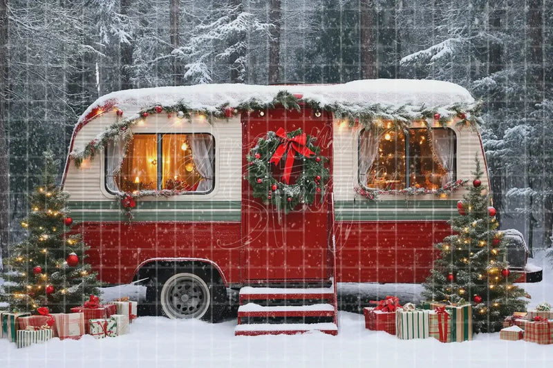 Retro Christmas Camper digital decor backdrop and high-resolution retro holiday background for shop windows, holiday events, restaurant decor, bar parties, Christmas photo booths, retail displays, projection, LED screens, and local printing.