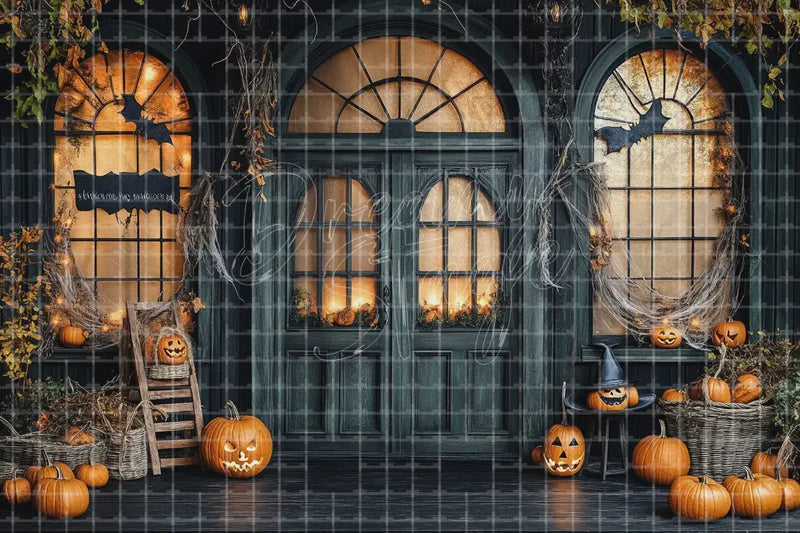 Gothic Halloween Porch digital decor backdrop and high-resolution spooky event background for Halloween parties, haunted displays, shop windows, restaurant decor, bar events, spooky photo booths, projection, LED screens, and local printing.