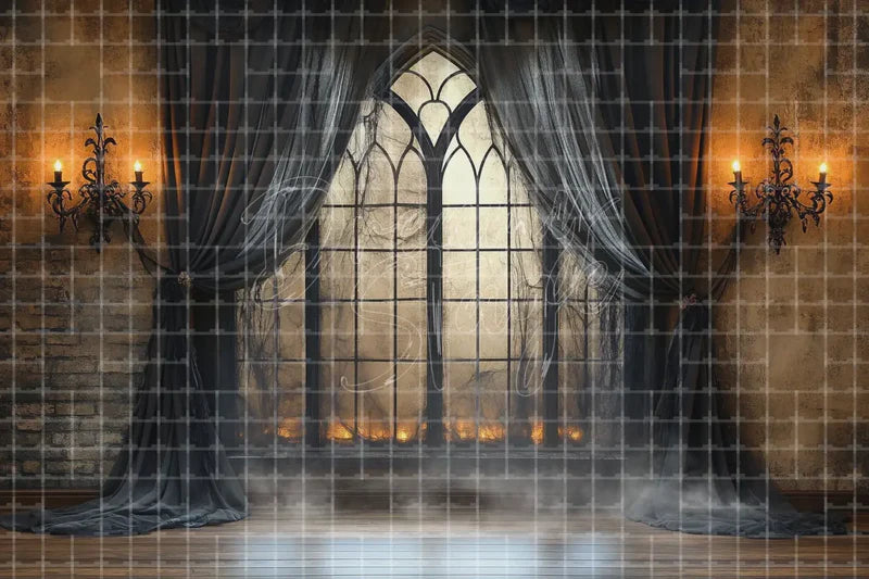 Dark Gothic Halloween Window digital decor backdrop and high-resolution spooky event background for Halloween parties, haunted displays, shop windows, restaurant decor, bar events, spooky photo booths, projection, LED screens, and local printing.