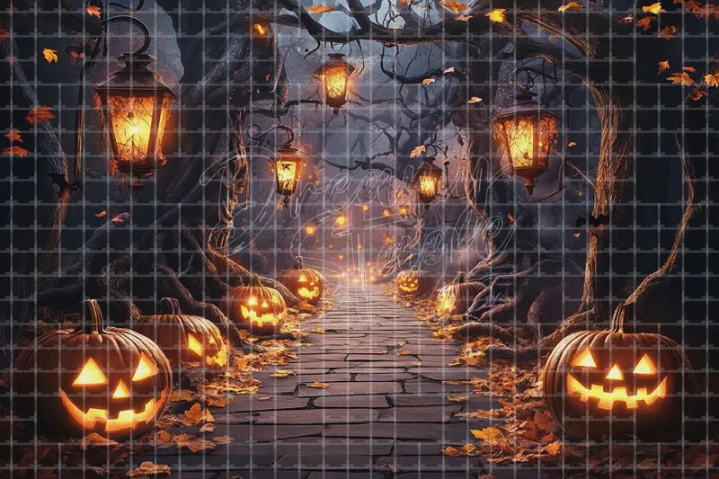 Jack O Lantern Forest Path Halloween digital decor backdrop and high-resolution pumpkin party background for Halloween parties, haunted displays, shop windows, restaurant decor, bar events, spooky photo booths, projection, LED screens, and local printing.
