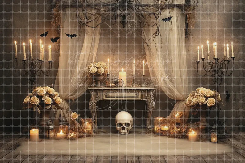 Gothic Skull Candle Halloween digital decor backdrop and high-resolution spooky event background for Halloween parties, haunted displays, shop windows, restaurant decor, bar events, spooky photo booths, projection, LED screens, and local printing.
