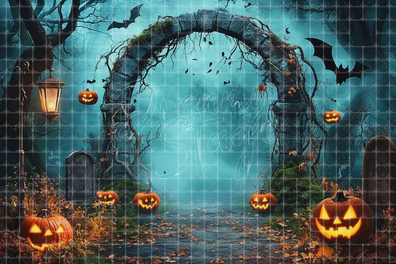 Blue Haunted Halloween Arch digital decor backdrop and high-resolution haunted house background for Halloween parties, haunted displays, shop windows, restaurant decor, bar events, spooky photo booths, projection, LED screens, and local printing.