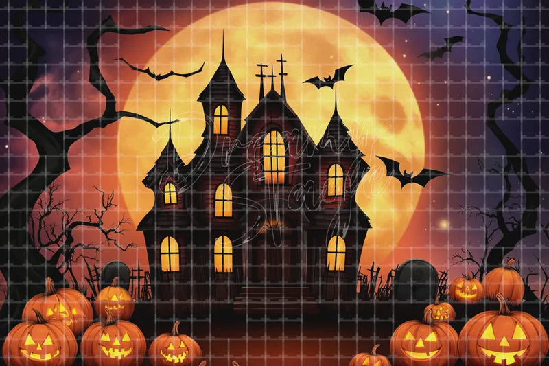 Cartoon Haunted House Halloween digital decor backdrop and high-resolution haunted house background for Halloween parties, haunted displays, shop windows, restaurant decor, bar events, spooky photo booths, projection, LED screens, and local printing.