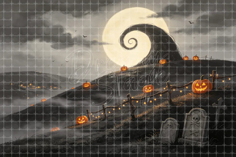 Misty Halloween Graveyard digital decor backdrop and high-resolution spooky graveyard background for Halloween parties, haunted displays, shop windows, restaurant decor, bar events, spooky photo booths, projection, LED screens, and local printing.