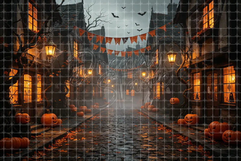 Spooky Halloween Town Street digital decor backdrop and high-resolution halloween street background for Halloween parties, haunted displays, shop windows, restaurant decor, bar events, spooky photo booths, projection, LED screens, and local printing.
