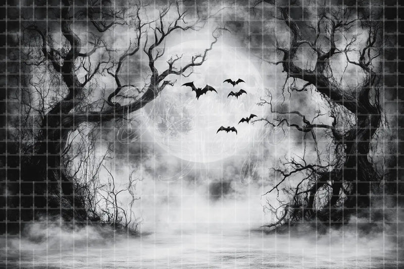 Black and White Spooky Moon Halloween digital decor backdrop and high-resolution full moon background for Halloween parties, haunted displays, shop windows, restaurant decor, bar events, spooky photo booths, projection, LED screens, and local printing.