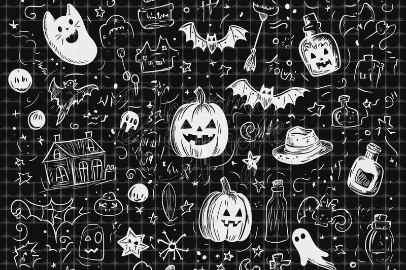 Black Halloween Doodle Pattern digital decor backdrop and high-resolution halloween pattern background for Halloween parties, haunted displays, shop windows, restaurant decor, bar events, spooky photo booths, projection, LED screens, and local printing.