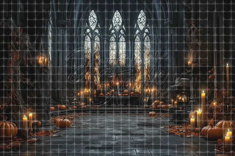 Gothic Cathedral Halloween Hall digital decor backdrop and high-resolution spooky event background for Halloween parties, haunted displays, shop windows, restaurant decor, bar events, spooky photo booths, projection, LED screens, and local printing.