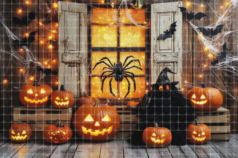 Pumpkin Window Spider Halloween digital decor backdrop and high-resolution halloween photo booth background for Halloween parties, haunted displays, shop windows, restaurant decor, bar events, spooky photo booths, projection, LED screens, and local printing.