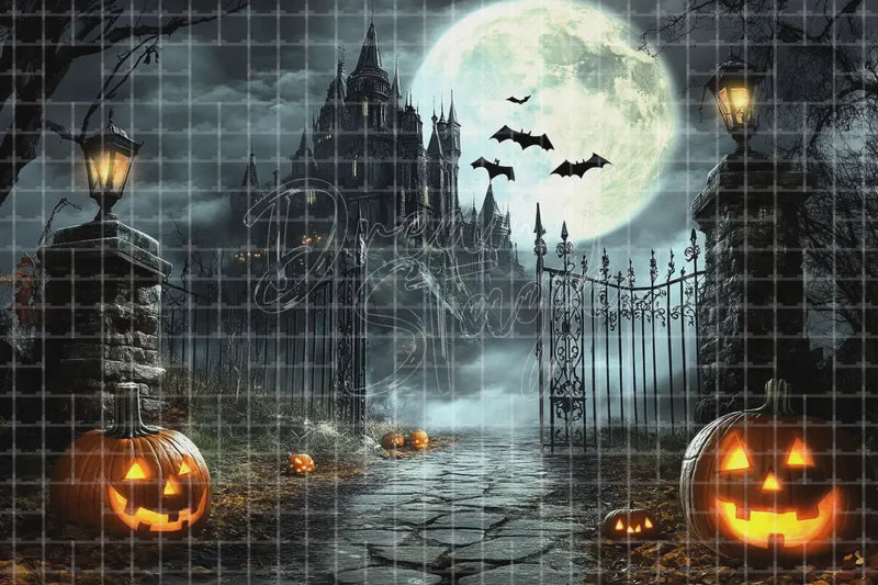 Haunted Castle Lake Halloween digital decor backdrop and high-resolution haunted house background for Halloween parties, haunted displays, shop windows, restaurant decor, bar events, spooky photo booths, projection, LED screens, and local printing.
