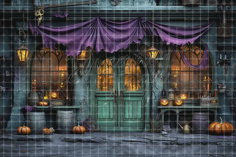 Purple Halloween Storefront digital decor backdrop and high-resolution spooky event background for Halloween parties, haunted displays, shop windows, restaurant decor, bar events, spooky photo booths, projection, LED screens, and local printing.