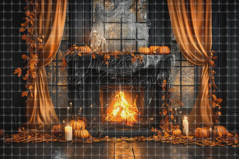 Gothic Halloween Fireplace digital decor backdrop and high-resolution spooky event background for Halloween parties, haunted displays, shop windows, restaurant decor, bar events, spooky photo booths, projection, LED screens, and local printing.