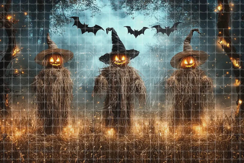 Pumpkin Scarecrow Halloween Field digital decor backdrop and high-resolution haunted field background for Halloween parties, haunted displays, shop windows, restaurant decor, bar events, spooky photo booths, projection, LED screens, and local printing.