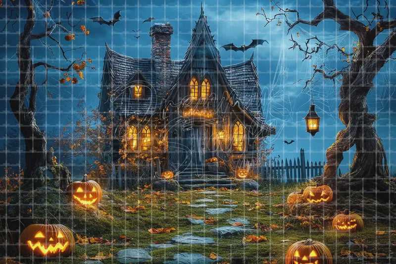 Haunted Mansion Pumpkin Path Halloween digital decor backdrop and high-resolution haunted house background for Halloween parties, haunted displays, shop windows, restaurant decor, bar events, spooky photo booths, projection, LED screens, and local printing.
