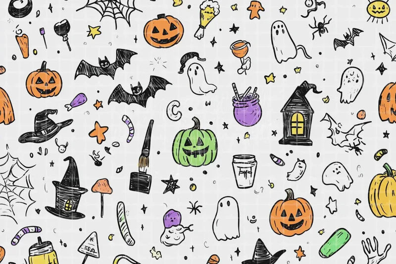 White Halloween Doodle Pattern digital decor backdrop and high-resolution halloween pattern background for Halloween parties, haunted displays, shop windows, restaurant decor, bar events, spooky photo booths, projection, LED screens, and local printing.