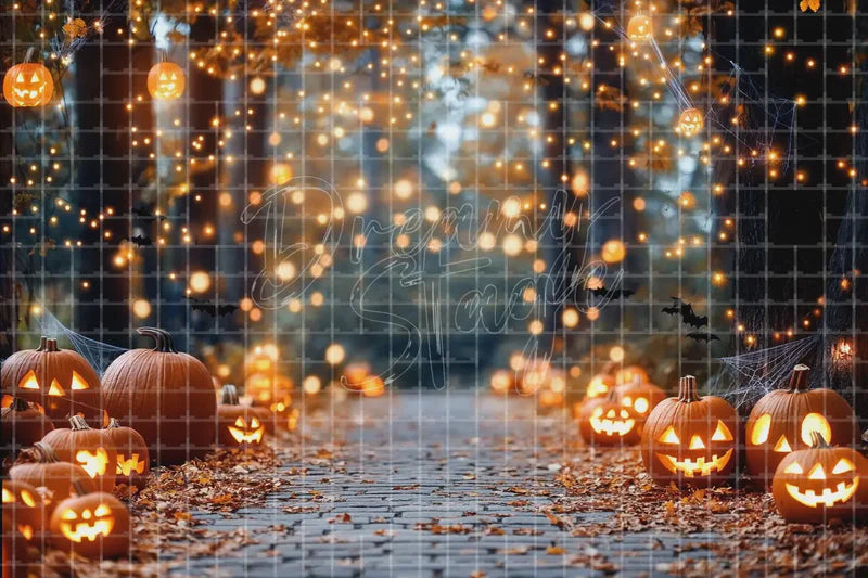 Pumpkin Fairy Light Path Halloween digital decor backdrop and high-resolution halloween photo booth background for Halloween parties, haunted displays, shop windows, restaurant decor, bar events, spooky photo booths, projection, LED screens, and local printing.