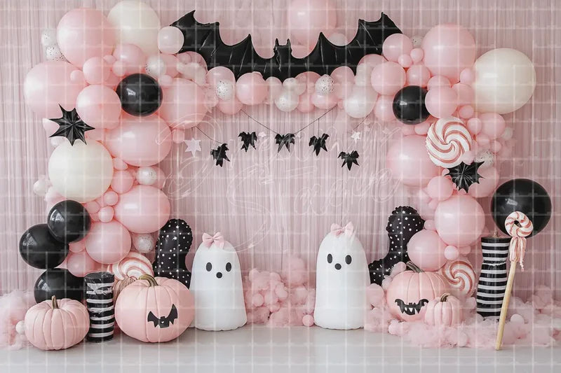 Pastel Pink Halloween Balloon Photo Booth digital decor backdrop and high-resolution pastel halloween photo booth background for Halloween parties, haunted displays, shop windows, restaurant decor, bar events, spooky photo booths, projection, LED screens, and local printing.