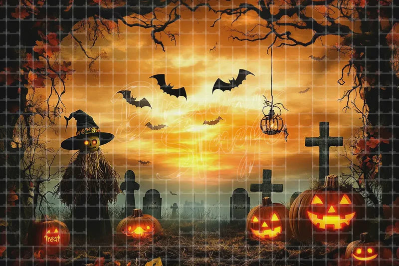 Sunset Pumpkin Graveyard Halloween digital decor backdrop and high-resolution spooky graveyard background for Halloween parties, haunted displays, shop windows, restaurant decor, bar events, spooky photo booths, projection, LED screens, and local printing.