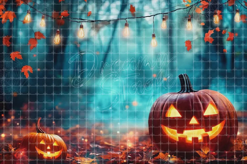 Glowing Jack O Lantern Forest Halloween digital decor backdrop and high-resolution pumpkin party background for Halloween parties, haunted displays, shop windows, restaurant decor, bar events, spooky photo booths, projection, LED screens, and local printing.