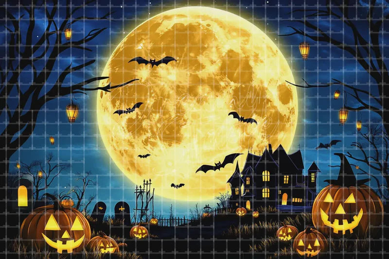 Full Moon Haunted House Halloween digital decor backdrop and high-resolution haunted house background for Halloween parties, haunted displays, shop windows, restaurant decor, bar events, spooky photo booths, projection, LED screens, and local printing.