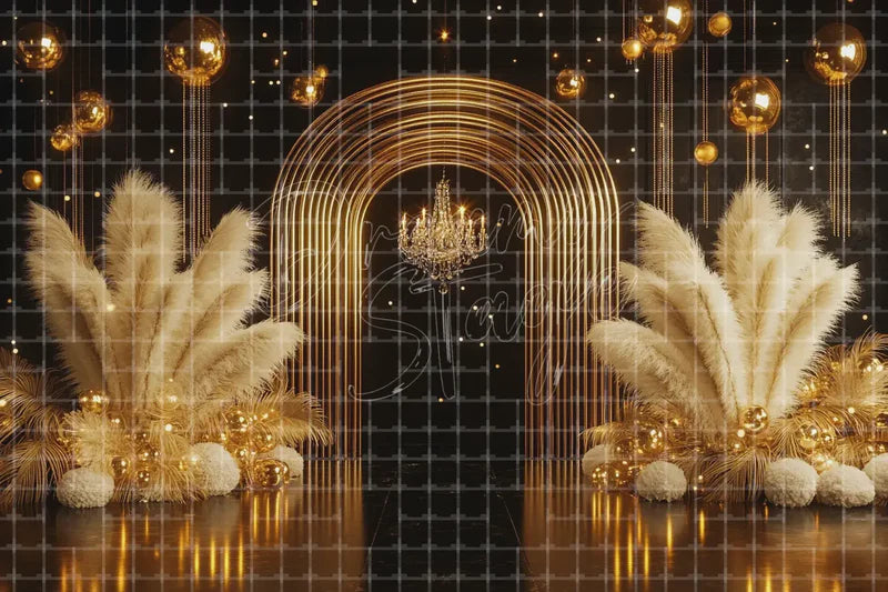 Black Gold Art Deco Pampas Event digital backdrop and photo booth background for Luxury Party Photo Booth and Stage Entrance Decor, ideal for event decor, local printing, projector screens, LED displays, and themed stage backgrounds.