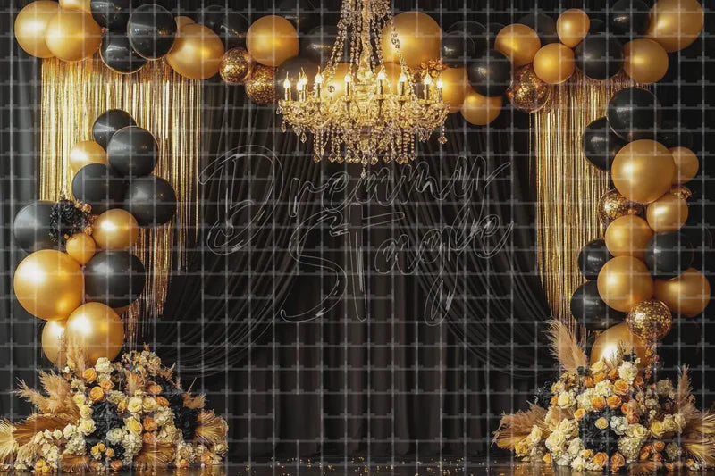 Black and Gold Balloon Curtain Party digital backdrop and photo booth background for New Year Event Decor and Photo Booth Background, ideal for event decor, local printing, projector screens, LED displays, and themed stage backgrounds.