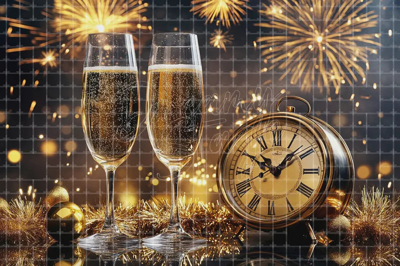 Champagne Glasses Countdown Clock New Year digital backdrop and photo booth background for Holiday Party Photo Booth and Event Decoration, ideal for event decor, local printing, projector screens, LED displays, and themed stage backgrounds.