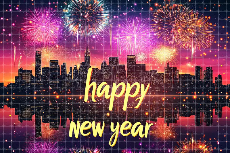 Happy New Year City Skyline Fireworks digital backdrop for Celebration Party Photo Booth and Digital Event Background, perfect as a photo booth background, event decor backdrop, local print backdrop, projection screen, or stage background.