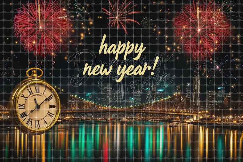 Happy New Year Clock Fireworks Waterfront digital backdrop for Countdown Party Photo Booth and Stage Screen Decor, perfect as a photo booth background, event decor backdrop, local print backdrop, projection screen, or stage background.