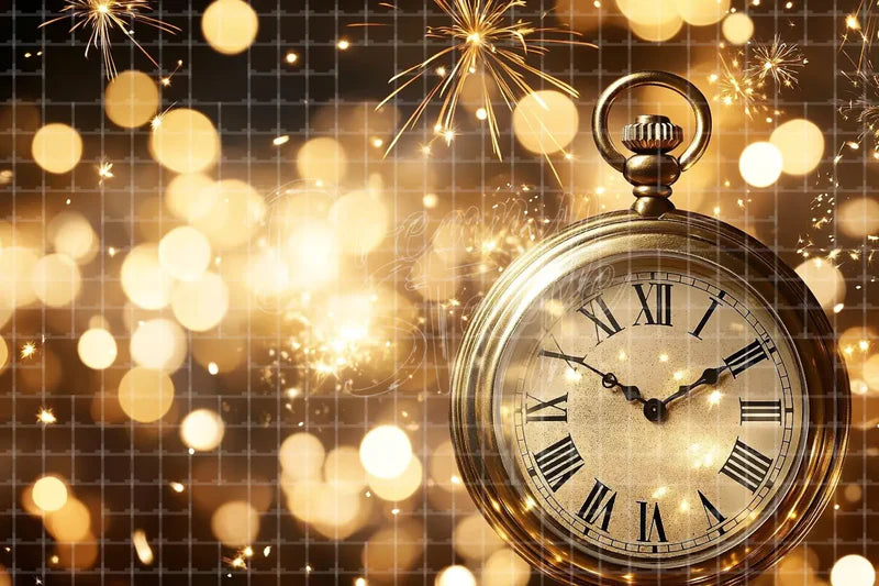 Gold Bokeh Clock Countdown digital backdrop and photo booth background for New Year Party Decor Photo Booth and Celebration Background, ideal for event decor, local printing, projector screens, LED displays, and themed stage backgrounds.