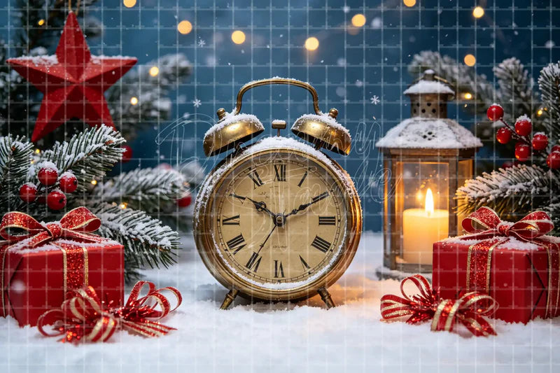 Christmas New Year Clock Gifts digital backdrop and photo booth background for Holiday Party Photo Booth and Festive Event Decoration, ideal for event decor, local printing, projector screens, LED displays, and themed stage backgrounds.