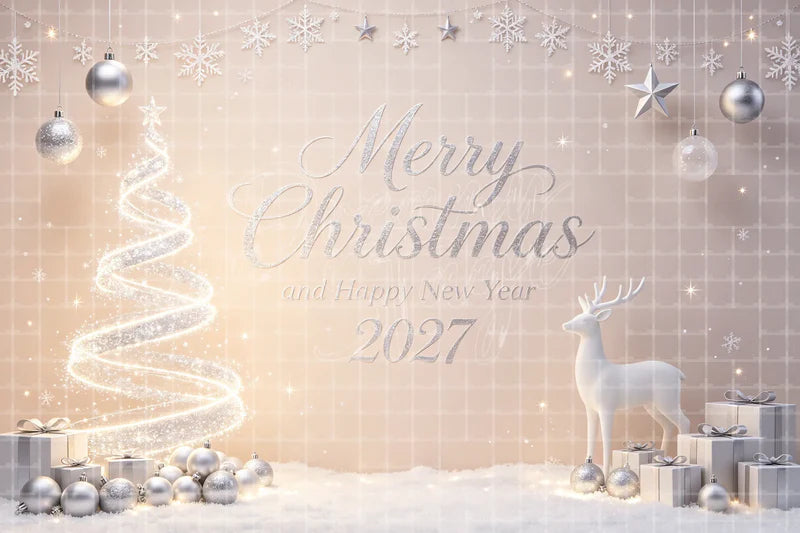 White Silver Merry Christmas digital backdrop for Elegant Holiday Photo Booth Winter Party Decor and Event Background, perfect as a photo booth background, event decor backdrop, local print backdrop, projection screen, or stage background.