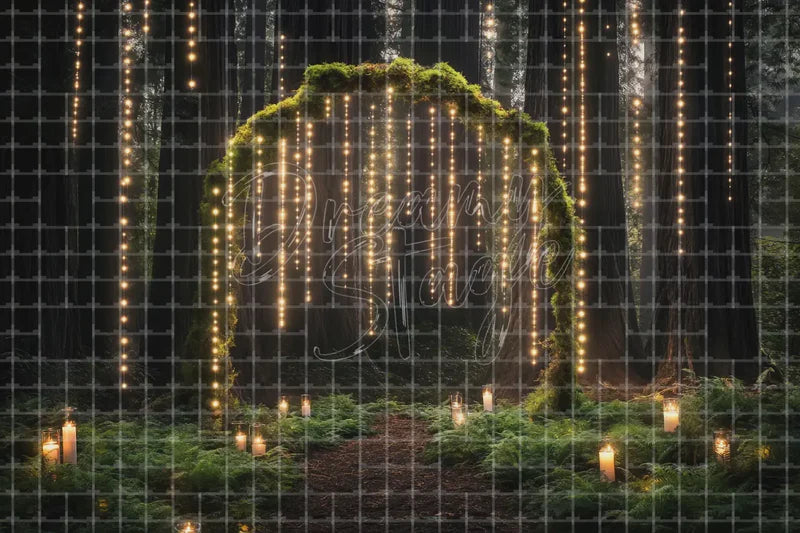 Forest String Lights Arch digital backdrop for Woodland Wedding Photo Booth Event Decor and Enchanted Stage Scene, perfect as a photo booth background, event decor backdrop, local print backdrop, projection screen, or stage background.