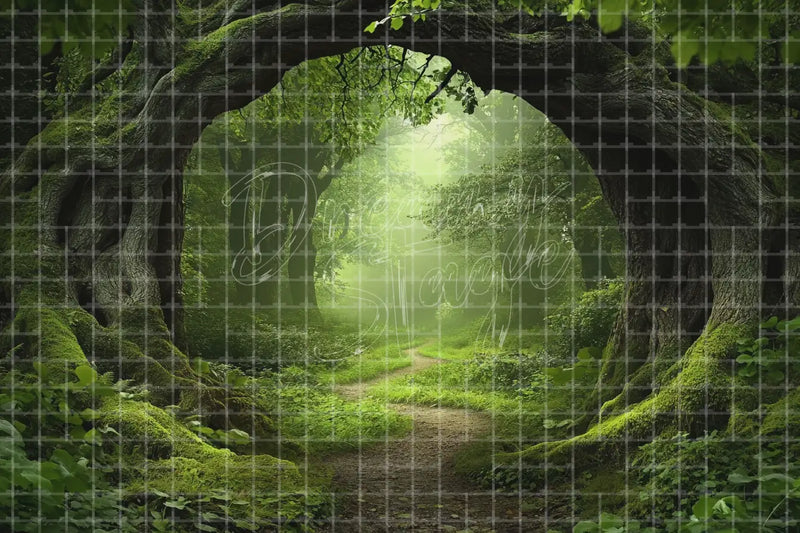 Enchanted Green Forest Tunnel digital backdrop for Fairy Tale Photo Booth Theatre Stage and Magical Event Decor, perfect as a photo booth background, event decor backdrop, local print backdrop, projection screen, or stage background.