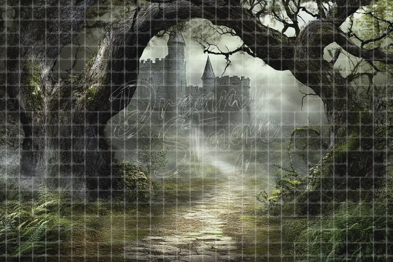 Dark Misty Forest Stream digital backdrop for Gothic Woodland Photo Booth Halloween Event and Theatre Stage Background, perfect as a photo booth background, event decor backdrop, local print backdrop, projection screen, or stage background.