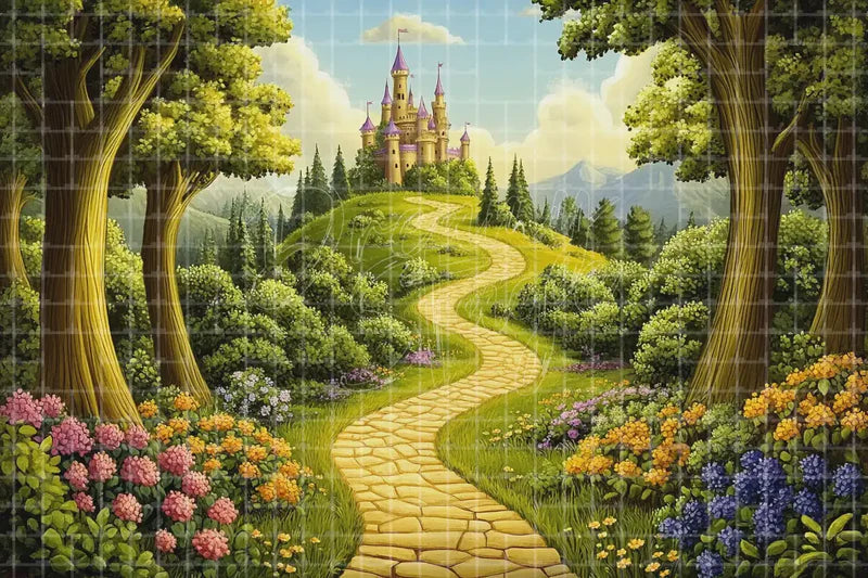 Fairy Tale Garden Path Castle digital backdrop and photo booth background for Storybook Photo Booth Kids Event Decor and Stage Background, ideal for event decor, local printing, projector screens, LED displays, and themed stage backgrounds.