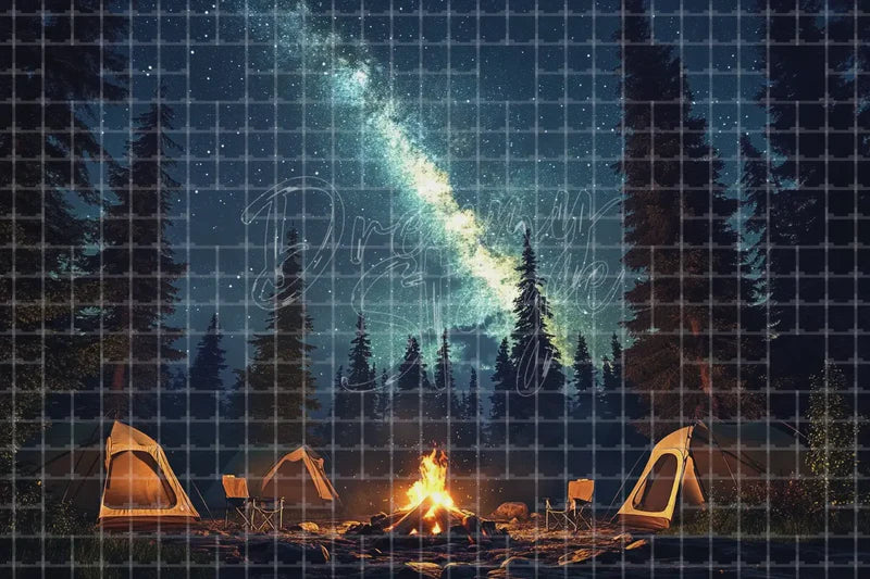 Starry Forest Campsite digital backdrop and photo booth background for Outdoor Camping Party Photo Booth Night Event and Stage Background, ideal for event decor, local printing, projector screens, LED displays, and themed stage backgrounds.
